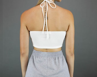 Ribbed Thin String Halter Neck Crop Top With Front Keyhole Detail