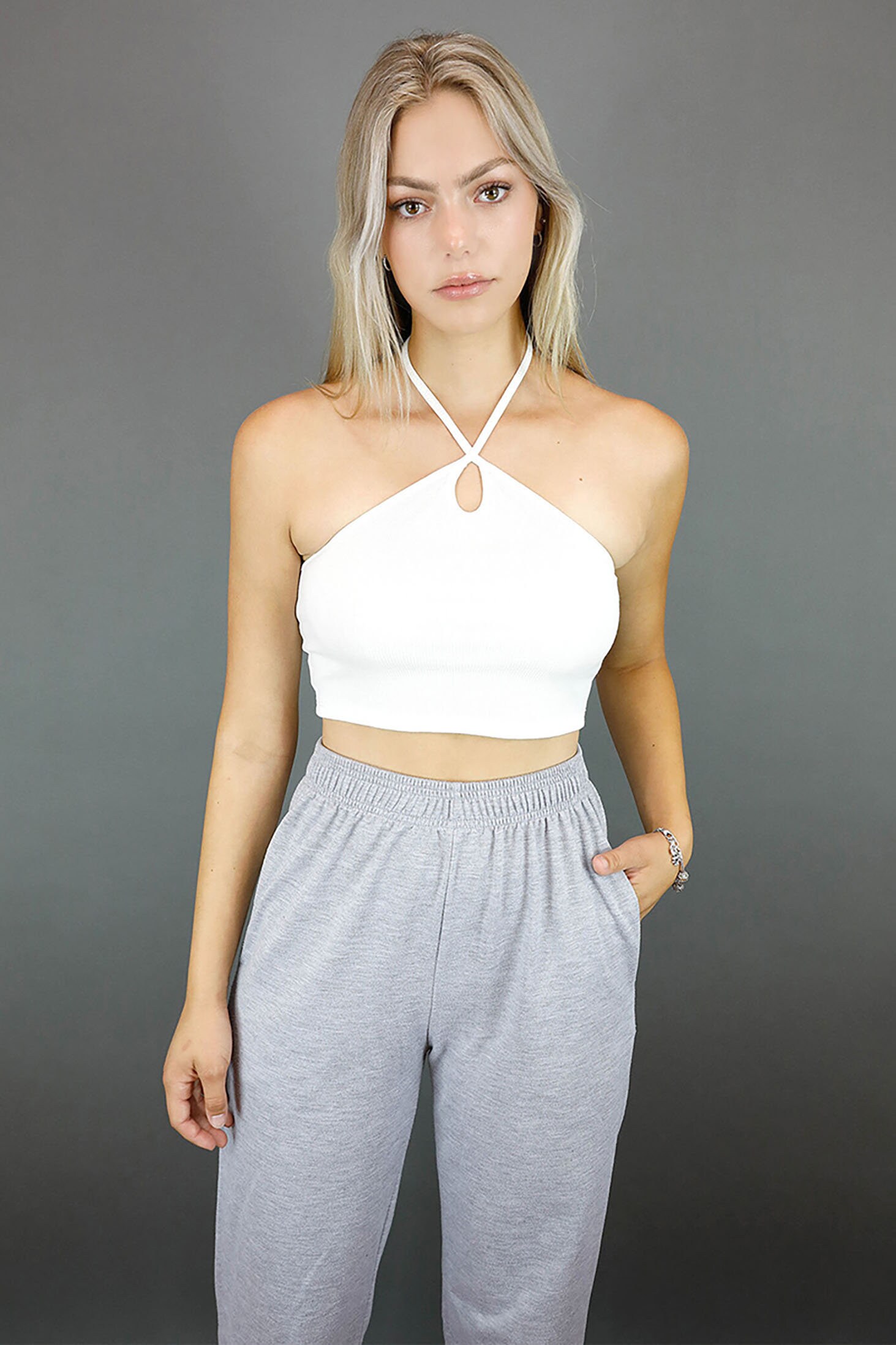 Ribbed Thin String Halter Neck Crop Top With Front Keyhole Detail