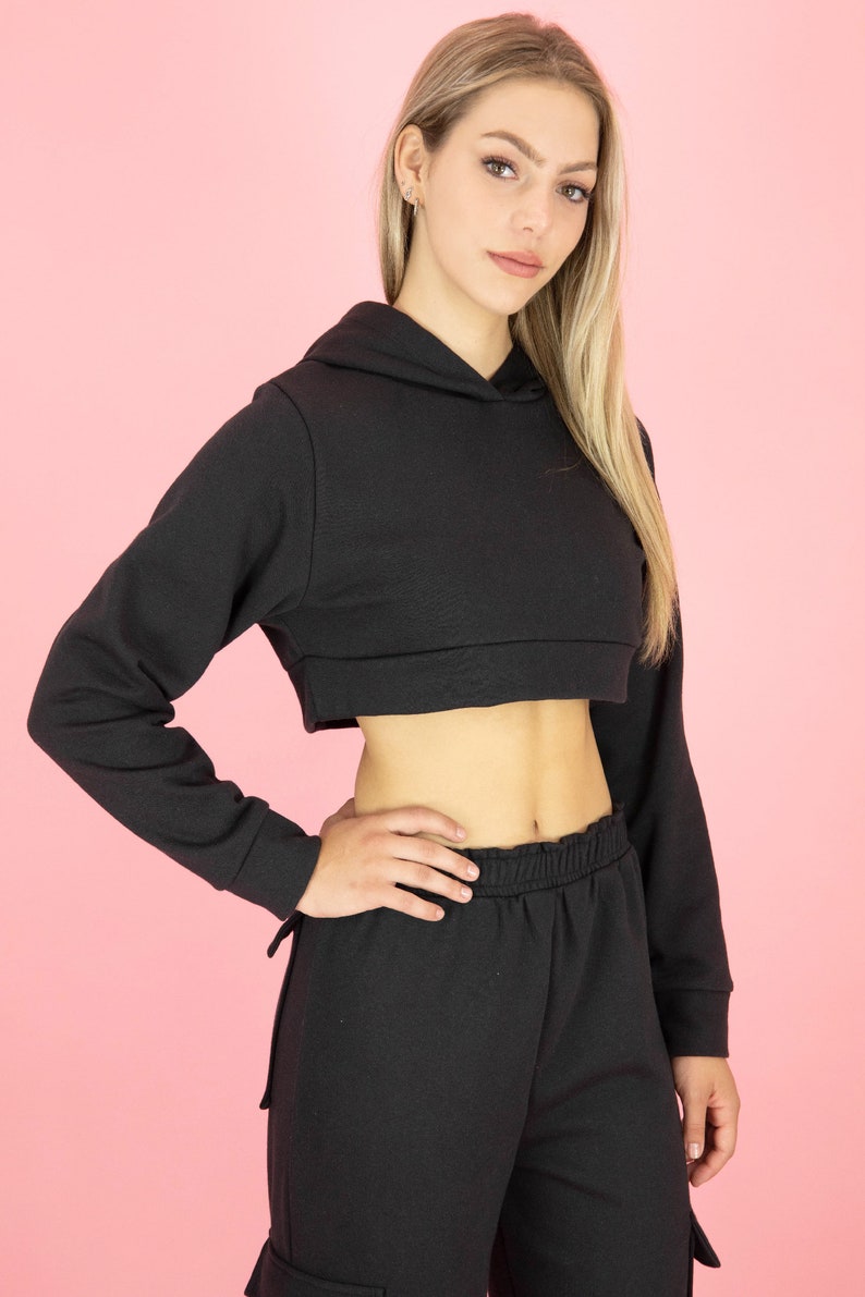 Cozy Fleece Hoodie, Cropped Hoodie, Warm Pullover, Comfy Lounge Wear, Stylish Crop Top 画像 3