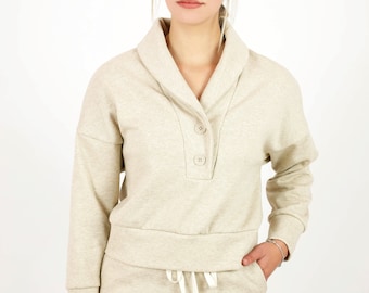 Fleece Button-Down Sweatshirt: Deep V-Neck Pullover, Made in USA