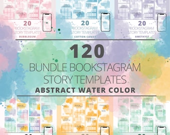 Plantillas de historias de Instagram para Bookstagram / Plantillas de reseñas de libros, estética de libros arcoíris (120 acuarelas abstractas)