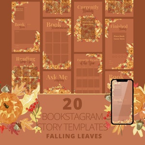 Op de afbeelding: 20 Instagram story-sjablonen met herfstbladeren in tinten oranje, geel en rood. De sjablonen zijn ontworpen voor bookstagram en bevatten titels zoals "Momenteel lezen", "Boekaanbevelingen", "Leessamenvatting" en "Favoriete boeken van het jaar".