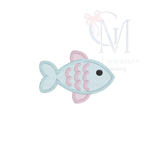 May include: A light blue fish-shaped embroidery design with pink accents on the fins and scales, and a black eye. The design is on a white background. The fish is a cute, whimsical design.