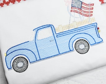 May include: A blue pickup truck with a wooden bed and an American flag waving from the back. The truck is on a white background.