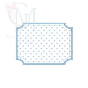 May include: A rectangular label with a light blue border and a white interior filled with light blue polka dots. The label has rounded corners and a stitched border design. The words "good measure embroidery" are visible in the image.