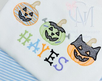 Spooky Halloween Pumpkins in Costume Sketch Embroidery Design