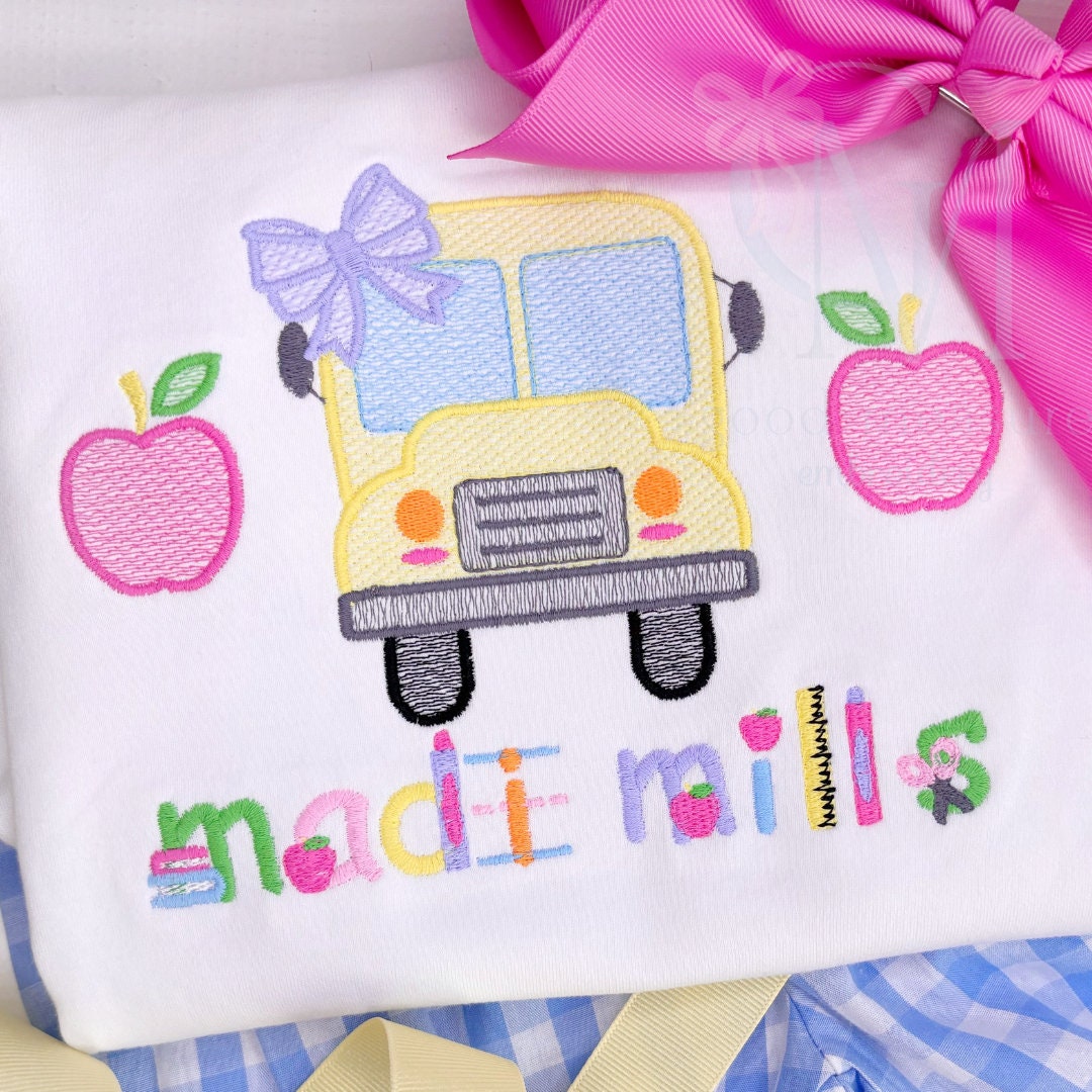 Back to School Bus with Bow Machine Embroidery Design