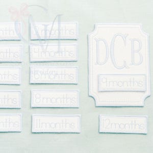 May include: White embroidered milestone patches with light blue trim. Patches include months 1-12, and a larger patch with the initials DCB and the 9 months patch. The patches are on a light blue background.