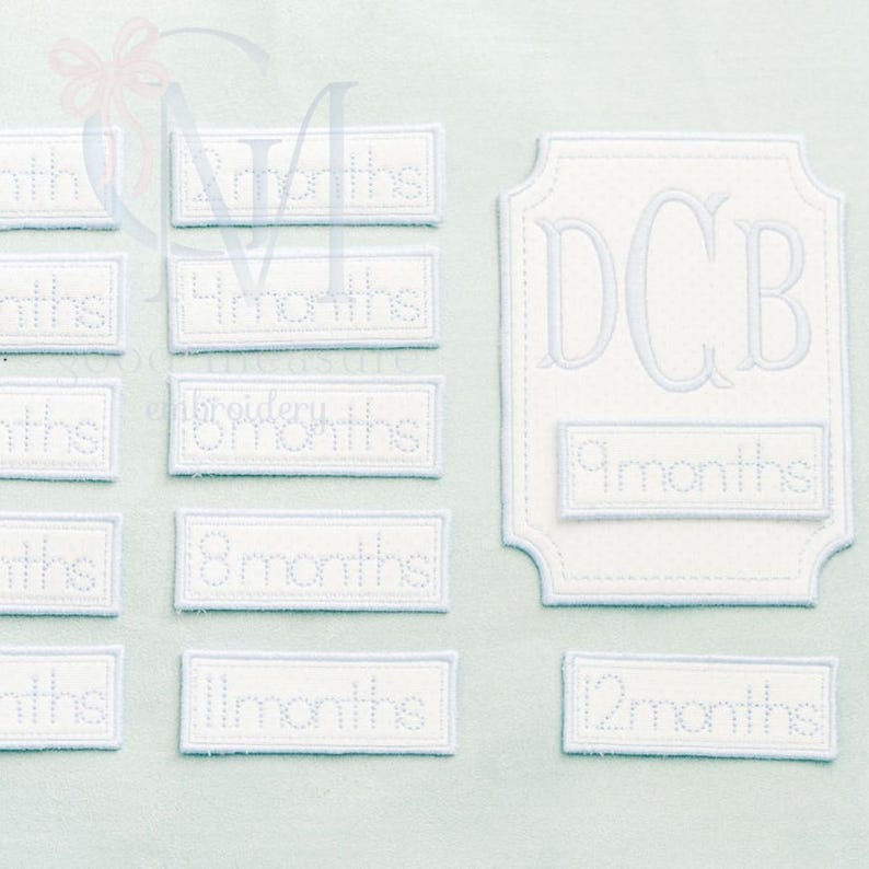 May include: White embroidered milestone patches with light blue trim. Patches include months 1-12, and a larger patch with the initials DCB and the 9 months patch. The patches are on a light blue background.