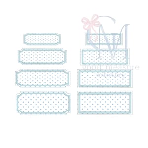 May include: A collection of light blue and white polka dot labels with a light blue border. The labels vary in size and shape, with some featuring a scalloped edge. The words "good measure embroidery" are visible on some labels.