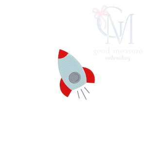 May include: A cartoon rocket ship with red fins and a gray window. The rocket is white and has a gray exhaust trail.