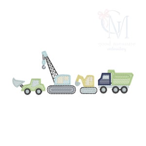 May include: An embroidery design featuring a line of construction vehicles. The vehicles are a green and yellow bulldozer, a blue and gray crane, and a green and blue dump truck. The vehicles are all in a line and are facing the right.