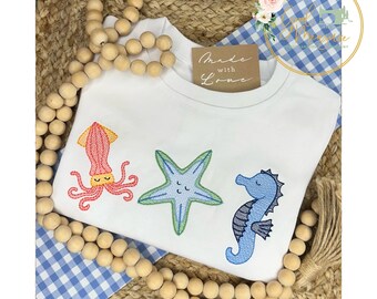 Summer Boy Sea Creatures Trio Sketch Stitch Machine Embroidery Design