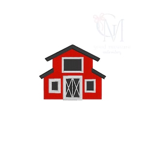 Puede incluir: Granero rojo con moldura blanca y ventanas negras. El granero tiene una puerta doble con un diseño en forma de X blanca.