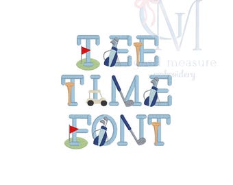 Disegno per ricamo a macchina con carattere tipografico "Tee Time Golf Print Font".
