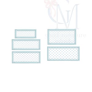 May include: A collection of rectangular gift tags with a light blue border and a white background filled with small blue polka dots. The tags vary in size and shape, suitable for various gift sizes.