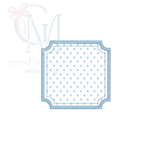May include: A light blue, square-shaped embroidered patch with a scalloped edge. The patch features a light blue polka dot pattern on a white background. The border is a solid light blue with a stitched texture. The image also includes the text "good measure embroidery".