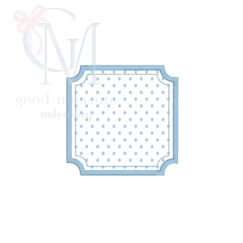 May include: A light blue, square-shaped embroidered patch with a scalloped edge. The patch features a light blue polka dot pattern on a white background. The border is a solid light blue with a stitched texture. The image also includes the text "good measure embroidery".