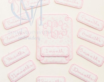 May include: Pink and white embroidered baby milestone markers. The set includes a large tag with a monogram and smaller tags labeled "1 month" through "12 months". The text is in a delicate script font.