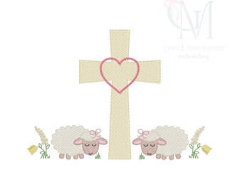 Easter Girl Cross and Lambs Sketch Stitch Machine Embroidery Design