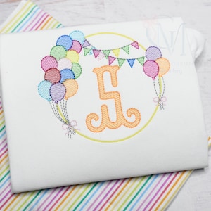 Balloons & Banner Birthday Monogram Frame Sketch Stitch Machine Embroidery Design