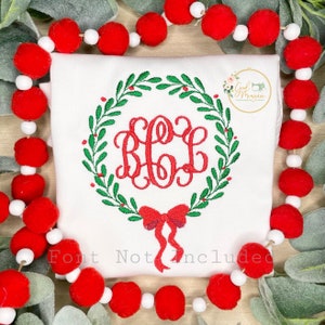 Christmas Mistletoe and Berry Monogram Wreath Frame with Bow Machine Embroidery