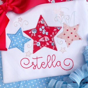 Patriotic Fourth of July Star Trio Girly Zig Zag Applique Machine Embroidery Design