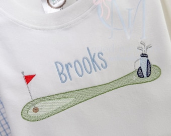 Ricamo a macchina con disegno di sacca da golf e schizzo verde