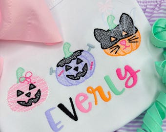 Spooky Halloween Girly Pumpkins in Costume Sketch Embroidery Design