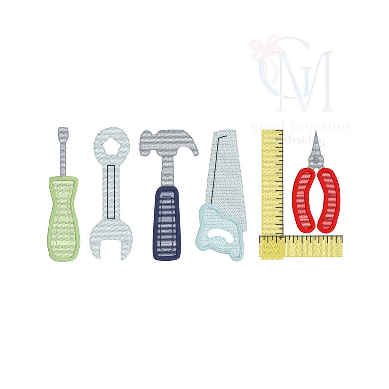 May include: A set of six tools, including a screwdriver, wrench, hammer, saw, ruler, and pliers. The tools are all in different colors, including green, blue, red, and yellow.