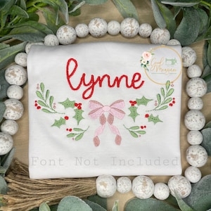 Holly and Mistletoe Christmas Name Frame with Bow Machine Embroidery Design