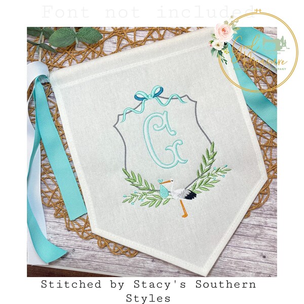 Baby and Branches Monogram Stork Floral Crest Stitch Machine Embroidery Design
