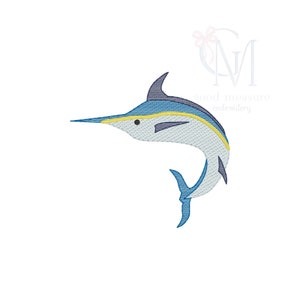 May include: A blue and yellow marlin fish embroidery design. The marlin is jumping out of the water with its dorsal fin and bill raised.