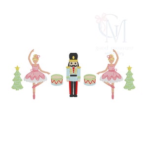 May include: An embroidery design featuring a Nutcracker soldier, two ballerinas, two Christmas trees, and two red drums. The design is perfect for creating a festive holiday scene.