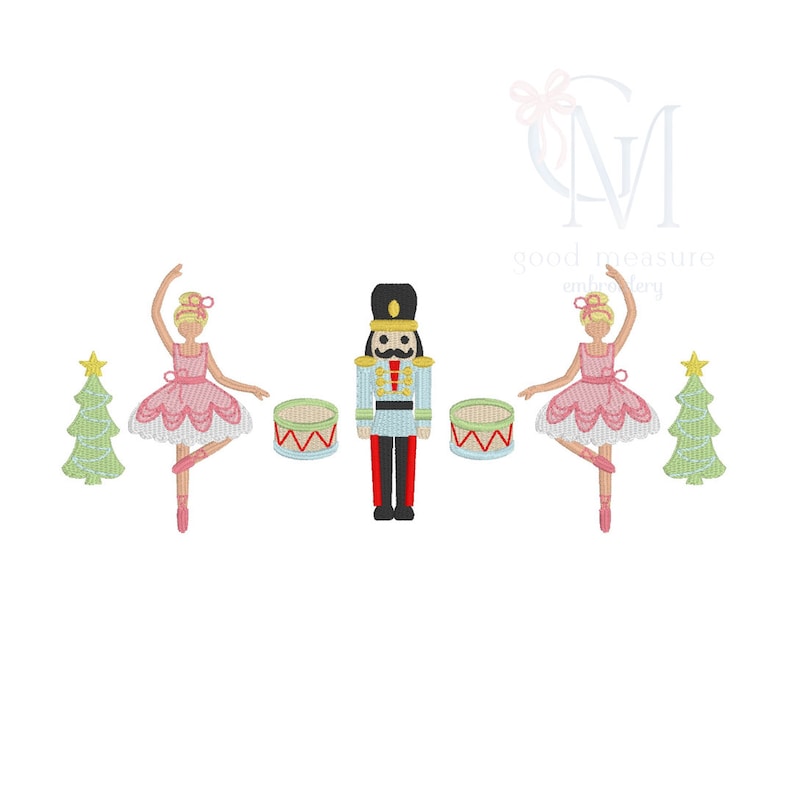 May include: An embroidery design featuring a Nutcracker soldier, two ballerinas, two Christmas trees, and two red drums. The design is perfect for creating a festive holiday scene.