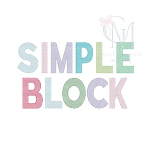以下が含まれることがあります： パステルカラーの様々な色で「SIMPLE BLOCK」というテキストが書かれたカラフルな刺繍デザインです。