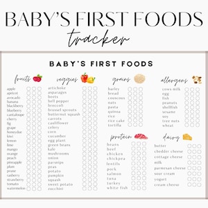 Op de afbeelding: Een afdrukbare babyvoedseltracker met een kleurrijk ontwerp. De checklist bevat veelvoorkomende fruit, groenten, granen, eiwitten, zuivelproducten en allergenen. Elk voedingsmiddel heeft een reeks cirkels om aan te vinken terwijl de baby nieuwe voedingsmiddelen probeert.