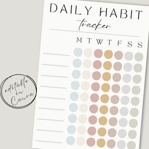 Peut inclure: Un suivi d'habitudes quotidien imprimable avec un design simple. Le suivi comporte une colonne pour chaque jour de la semaine et des lignes pour différentes habitudes. Chaque jour comporte sept cercles de couleurs différentes pour suivre les habitudes.