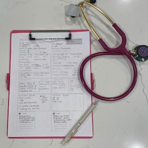 May include: A pink clipboard with a white sheet of paper. The paper has a baby's medical chart with headings like "Mother", "Baby", "Assessment", "Medications", "Feedings", "Vaccines", and "Tasks". The chart includes information about the baby's birth weight, gestational age, and other medical details. A stethoscope is lying on top of the clipboard.