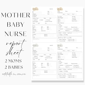 May include: A printable report sheet for mothers, babies, and nurses. The sheet includes sections for mother's information, baby's information, and nurse's notes. The sheet is designed to be used in a hospital or birthing center.
