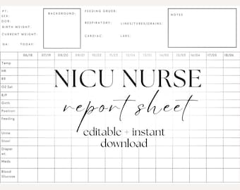 Editable NICU Nurse Report Sheet Template, Brain Sheet for NICU RN, Tool for Neonatal Intensive Care Unit Nurses and Nursing Students