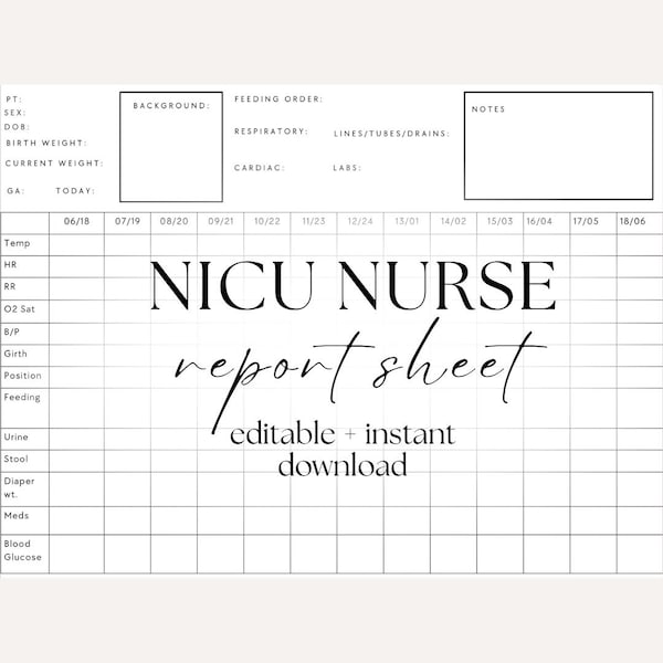Bewerkbare sjabloon NICU-verpleegkundige rapportblad, hersenblad voor NICU RN, hulpmiddel voor verpleegkundigen en studenten verpleegkunde op neonatale intensive care