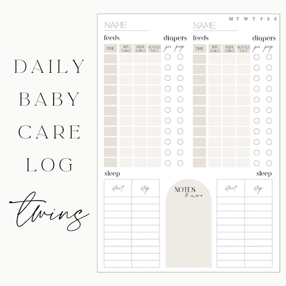Editable Daily Baby Care Log for Twins, Daily Twin Baby Tracker