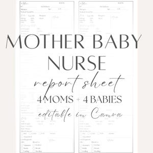 以下が含まれることがあります： 母親と赤ちゃんの印刷可能なレポートシートが2枚。 「MOTHER BABY NURSE report sheet 4 MOMS + 4 BABIES editable in Canva」というテキストがスタイリッシュなフォントで表示されています。 シートには医療情報セクションがあります。