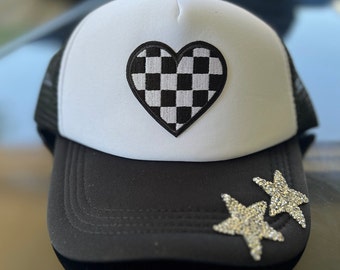 Checkered Heart Patch Trucker Hat, Glitter Star Accent