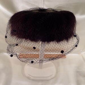 Velour black hat white mink trim and veil SALE Vintage Hat Whimsy Hat 1960 Style White Fur Circlet  main image 4