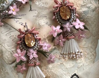 Earrings in antique rococo style with silk embroidered pink flowers, Swarovski crystals and antique beads