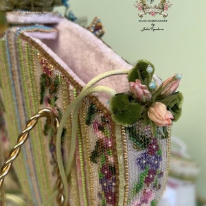 Beaded purse with miniature embroidery of a rural landscape, swallows and silk roses and forget-me-nots in the Rococo style image 9