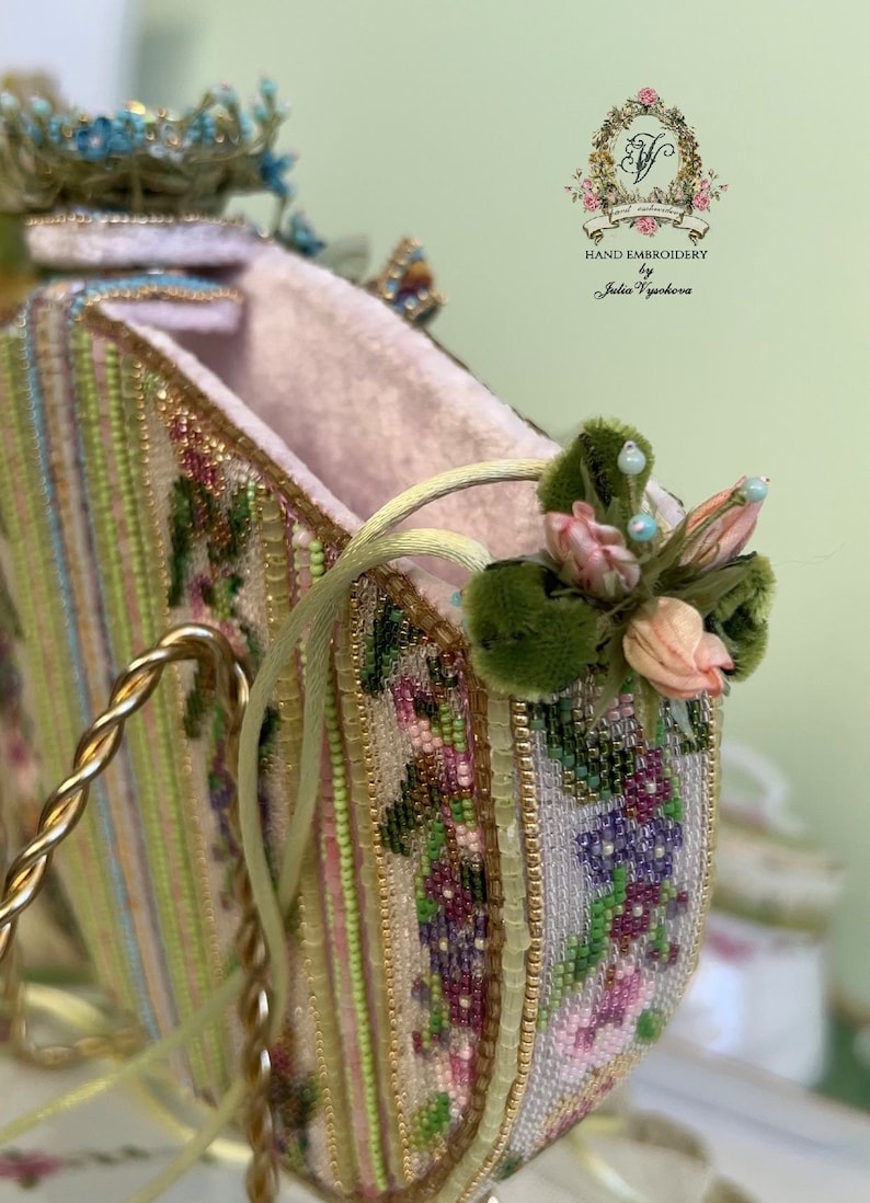 Beaded purse with miniature embroidery of a rural landscape, swallows and silk roses and forget-me-nots in the Rococo style image 9