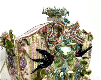 Beaded purse with miniature embroidery of a rural landscape, swallows and silk roses and forget-me-nots in the Rococo style